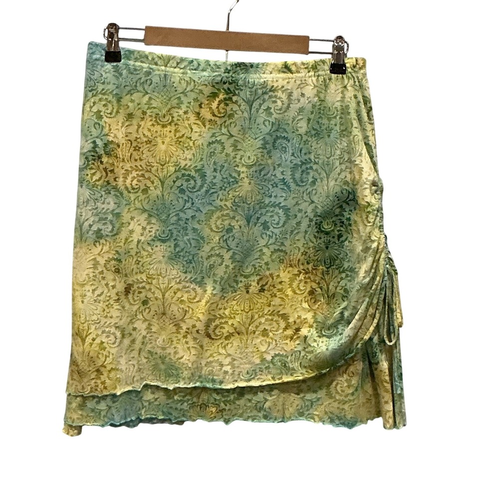 Vintage Sno Skins Womens Y2K Fairy Ruched Mini Skirt L Green Lettuce Trim Grunge